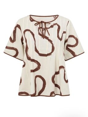 Sabo- Rayne Top - Marbled Mocha -Linen-Blend Cream Top with Brown Abstract Print